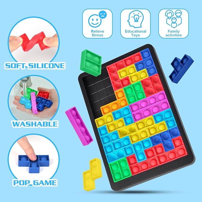 Ainiv Pop Puzzle Popper Fidget Game, Push Pop Brain Teasers Toy, Silicone Jigsaw Building Blocks Game Board, Educational Learning Puzzle and Intelligence Toys for Anxiety & Stress Relief