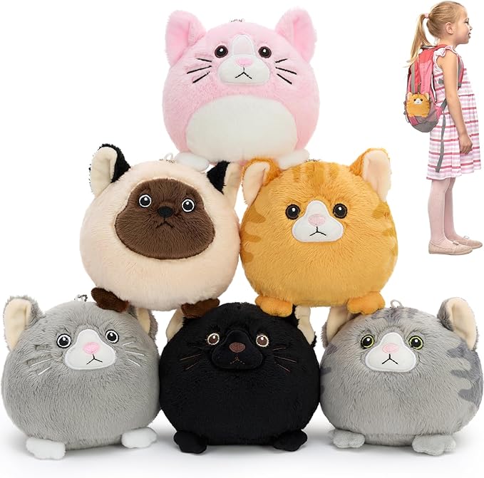 Muiteiur 6Pcs Cat Stuffed Animal Keychain Set, 3.94 Inch Adorable Plush Cats with Clip, Small Stuffed Animal Gift for Cat Lovers