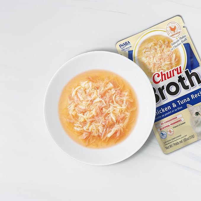 INABA Churu Broth for Cats, Creamy Purée Side Dish Pouch, 1.05 oz Pouches, 15 Pouches Total, Chicken and Tuna Variety