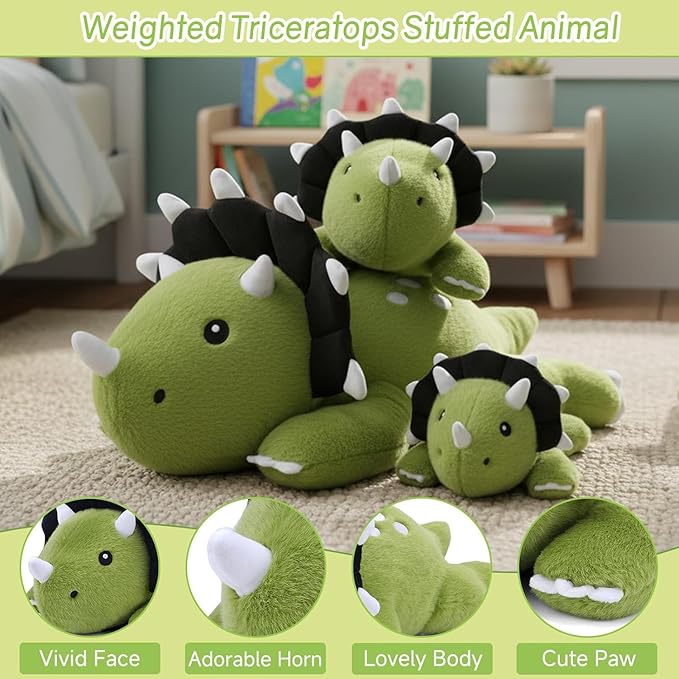 SQEQE Weighted Triceratops Dinosaur Plush, Weighted Stuffed Animal Dinosaur for Comforting Hugs, Soft Plushie Toy Pillow Gift for Kids, Valentines Birthday Decoration 23.6 Inch, 3.8 Lb