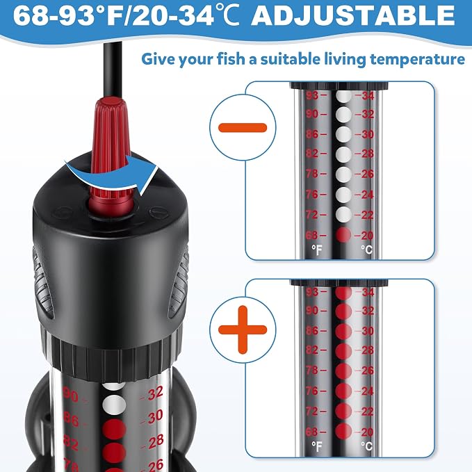 Dreyoo 2 Set 100W Submersible Aquarium Heater, Adjustable Aquarium Fish Tank Heater with 4 Thermometers Stickers and Suckers, Adjustable Knob Thermostat for Marine Saltwater and Freshwater