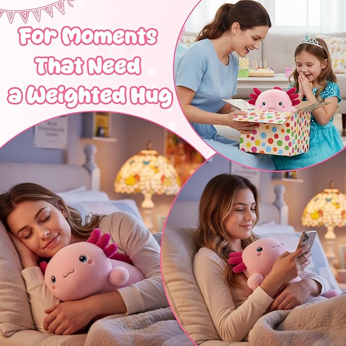 SQEQE Weighted Stuffed Animal Axolotl, Soft Weighted Axolotl Plush Toy, Cute Hugging Pillow Gift for Kids Adults, Home Decoration Valentines Gifts Birthday Present 9.8 Inch, 0.8 Lb