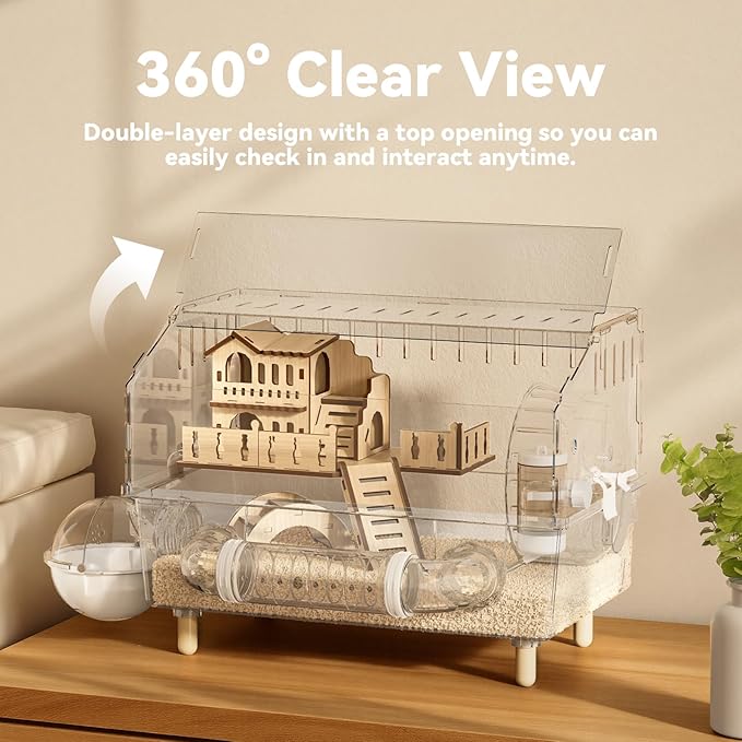 9 in 1 Acrylic Hamster Cage, Clear Dwarf Hamster Cage, with Tubes and All Accessories, 2-Tier Mouse Habitat, Easy to Clean, Suitable for Small Pets (Transparent)