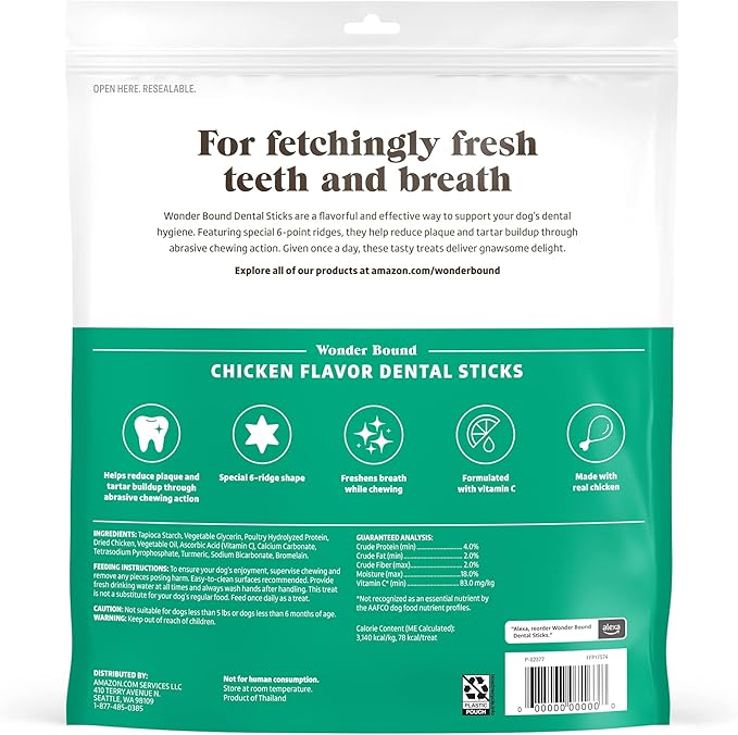 Amazon Brand - Wonder Bound Chicken Flavor Dental Sticks for Large Dogs (Over 30 lbs), 6-Ridge Shape for Plaque & Tartar Control, Freshens Breath, Made With Real Chicken, 40 Count (Pack of 1)