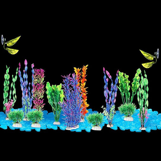 Jexine 117 Pcs Fish Tank Accessories Decorations Set 100 Pcs Glow Blue Betta Fish Rocks Stones 15 Pcs Artificial Plastic Fake Aquarium Plants 2 Pcs Hammock Plant Leaf Pad for Aquarium Bowl Decor
