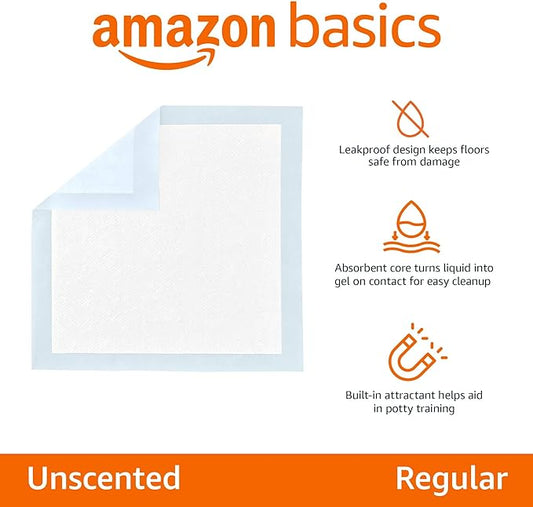 Amazon Basics Leak-Proof Dog and Puppy Potty Training Pee Pads with Quick-Dry 5-Layer Super Absorbent Surface for Dog Training, Floor Protection, Regular Size 22x22", Blue & White, 50 Count