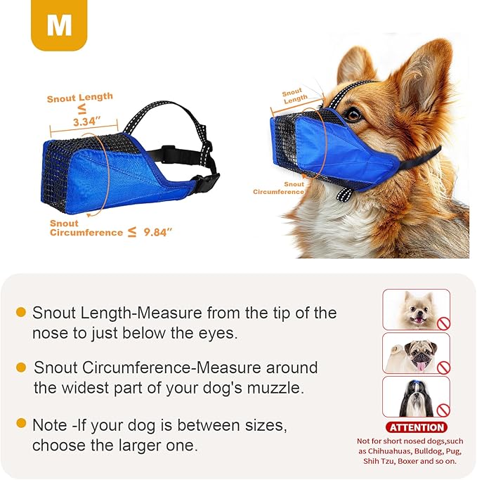 Mesh Dog Muzzle, Breathable Soft Dog Muzzle with Reflective Straps for Secure Fit, Prevents Biting, Chewing Scavenging- Adjustable for Small Medium Large Dogs,Blue,M