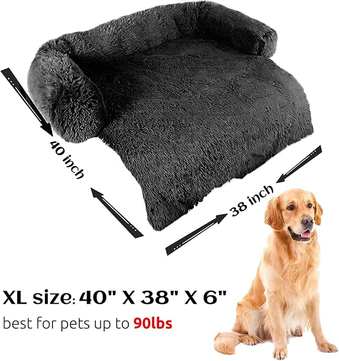 HACHIKITTY Calming Pet Sofa Bed Mat, Washable Fluffy Couch Cover for Dogs and Cats, Anti-Slip Bottom (40"x 38"x 6", Black)