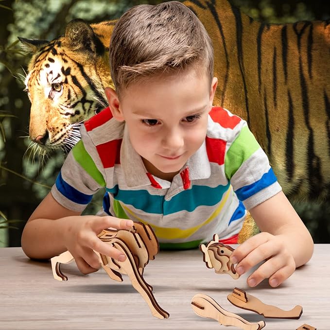 calary 3D Wooden Puzzle Simulation Animal Dinosaur Assembly DIY Model Toy for Kids and Adults,Set of 6