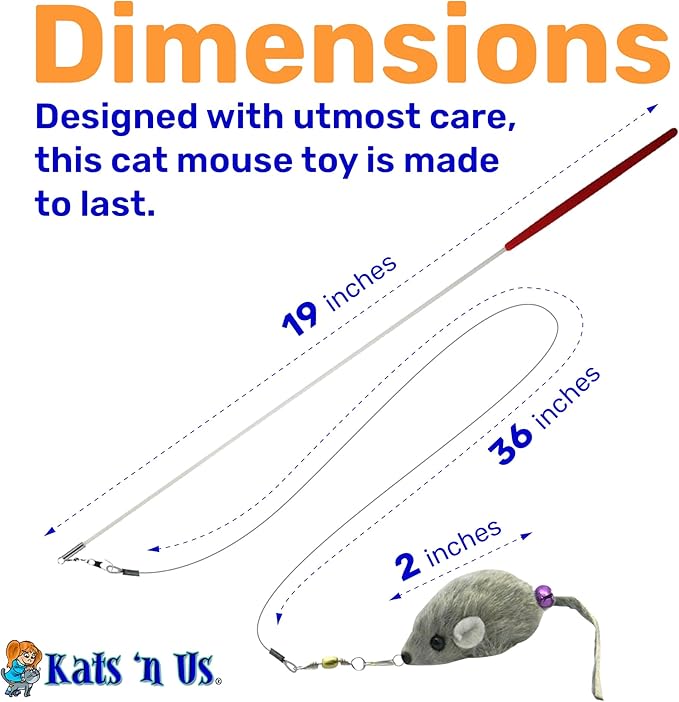 Kats’N US 2 Inch Real Rabbit Fur Handmade Mouse Cat Toy with 19 Inch White Wand - Gray Teaser with Bell, Durable Fiberglass Wand & Line, Hunting Instinct Interactive Exercise Attachment Set for Cats