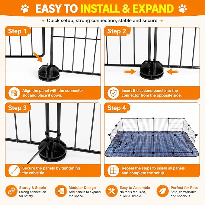 FHTONGE Large Guinea Pig Cage Habitat with 2 Pcs Waterproof Bedding, 8Sq Ft Guinea Pig Playpen with Mat, Metal Small Animal Playpen with Mat for Hamster Hedgehog Dwarf Rabbit (12 x Cage Panels)
