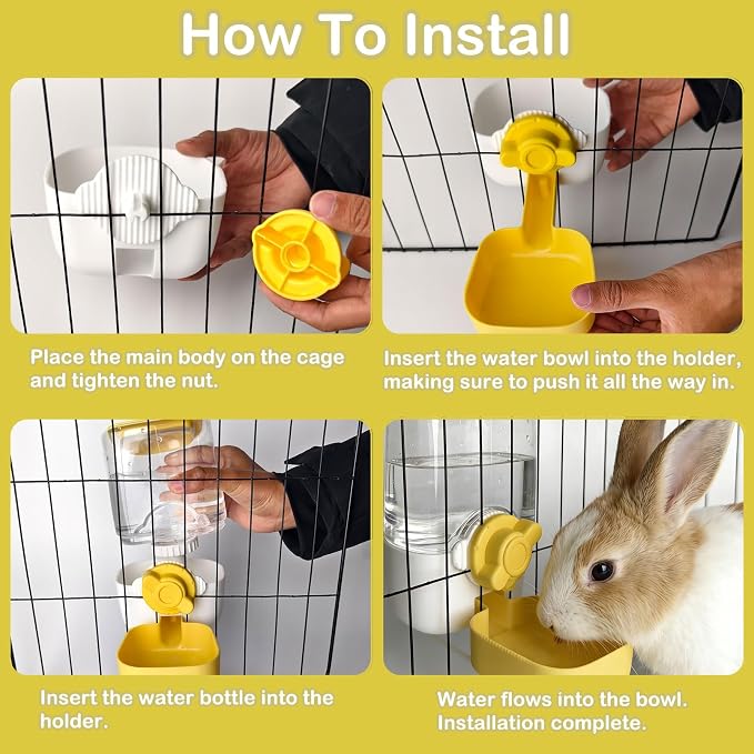 Rabbit Water Bottle, 34oz Pet Hanging Water Dispenser, Cat Water Feeder for Small Animal Ferret Guinea Pig Chinchilla Small Dog Cage Grid Spacing 1.2''-2.1''(Yellow)