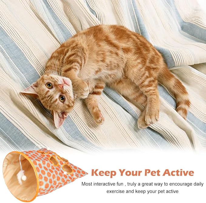 Cat Tunnel Toy, Cat Tunnel Bags with 1 Little Mouse & 3 Ball Crinkle Sack Bag for Cats, Portable Training Cave Collapsible Interactive Cat Drill Bag Pet Toy, Cat Self Interactive Toys(Orange)
