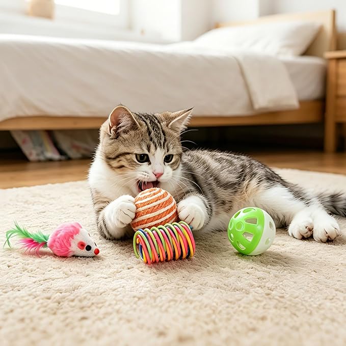 Cat Toys 38 Pack, Cat Toys for Indoor Cats, Interactive Cat Toys Variety Pack with Colorful Springs, Mouse Toys, Sisal Balls, Crinkle Balls and Bell Balls for Kittens and Adult Cats