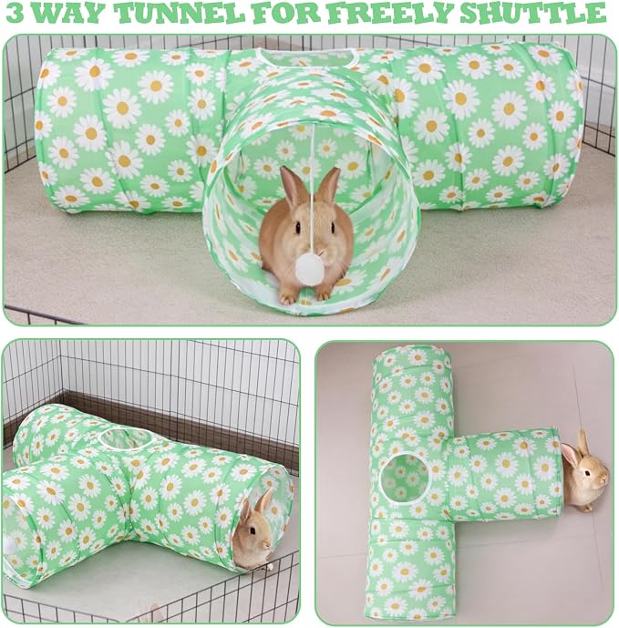 BWOGUE Bunny Tunnels & Tubes Collapsible 3 Way Bunny Hideout Small Animal Activity Tunnel Toys for Dwarf Rabbits Guinea Pigs Kitty