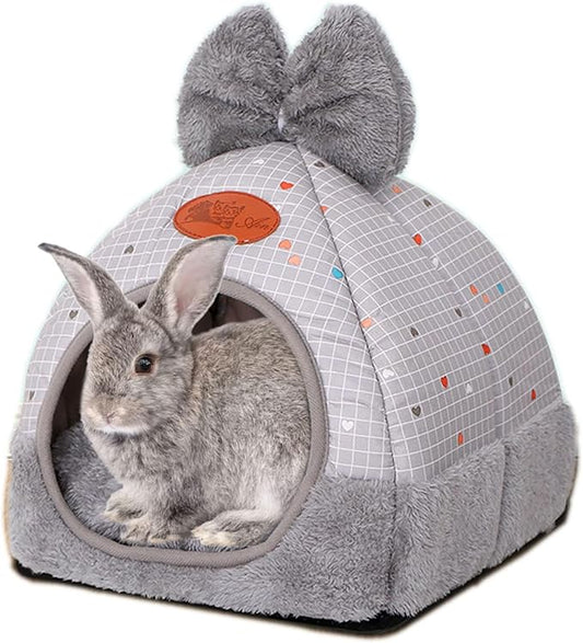 Rabbit Hideouts Bunny Bed Hideout House Cage Accessory for Guinea Pig Chinchilla Hamster Cozy Squirrel Hedgehog and Warm Rabbit Bed with Cute Bowknot Design(Grey)