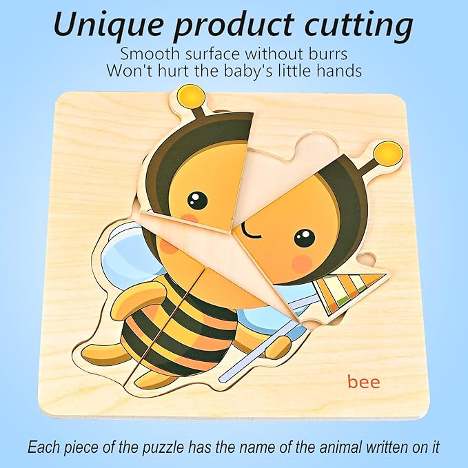 Faburo Wooden Puzzles for Toddlers 1-3, 8pcs Shapes, Insect Animal Themed Montessori Toys for 1 Year Old Learning, Educational Preschool Toys for Boys Girls