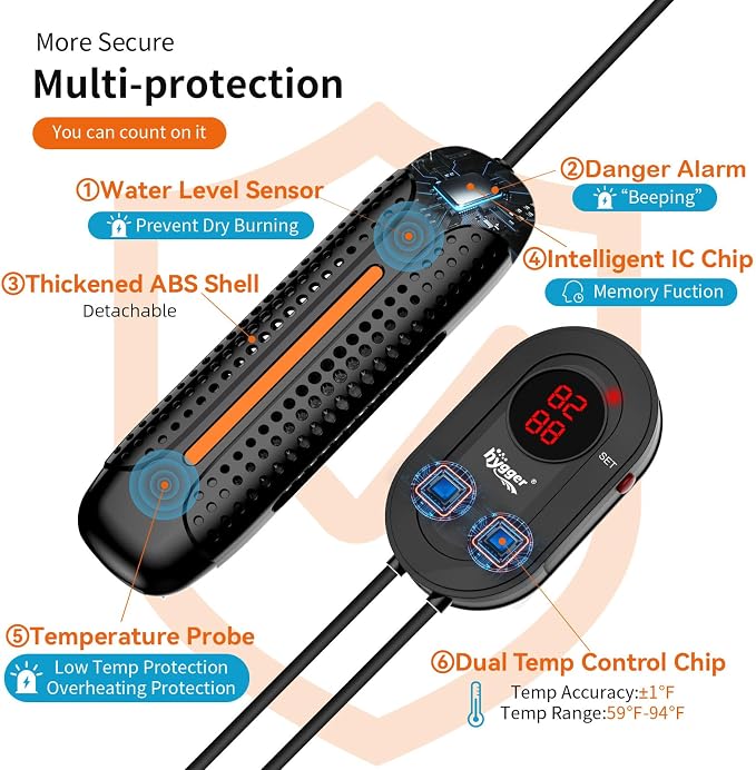 hygger Aquarium Heater 300W/500W/800W/1000W/1200W Fish Tank Heater with Multiple Security Protections, Anti-Cooking Fish Alarm, Auto Stop Heating Protection, Fish Heater for Freshwater Saltwater Tank