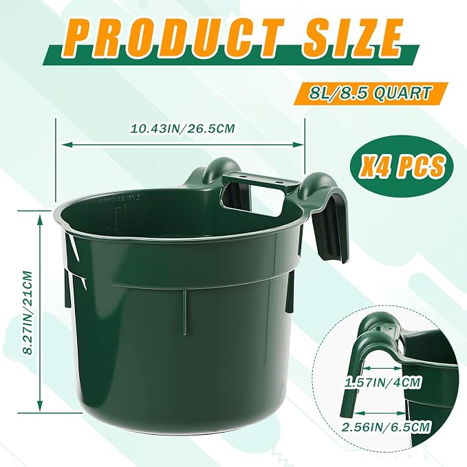 Reallnaive 4 Pcs 8.5 Quart Hook Over Horse Feed Bucket, Hanging Plastic Livestock Animals Feed Bucket for Stall, Mountable Round Horse Goats Feeder for Feeding and Watering Supplies