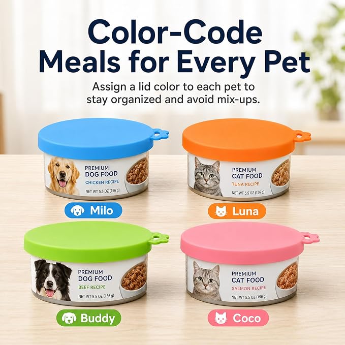 Lydia’s Deal Pet Food Can Covers 2-Pack, Thick Silicone Universal Can Lids for Dog & Cat Food, Fits 3oz/5.5oz/12oz, Airtight Seal, Durable & Dishwasher Safe, Easy Grip with Spoon (Blue & Orange)