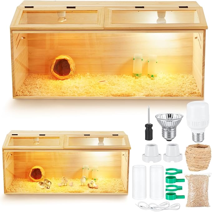 CroBlissful 32 x 16 x 16 in Brooder Box for Chicken Quails Stand Sliding Door, Bulb Set and Feeder, Indoor Chicks Coop Brooder Box Kit, for Ducks, Hamsters, Lizards, Mice, Rat(No Legs, Wooden)