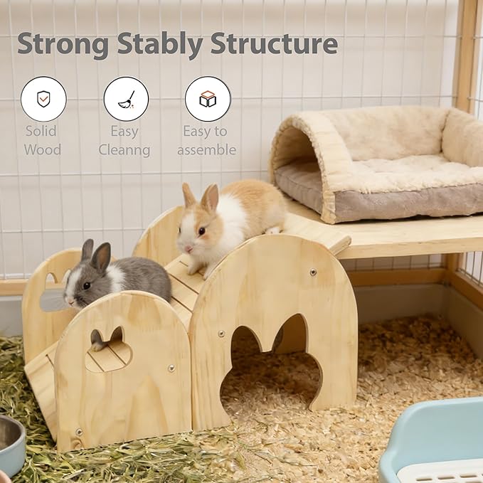 Large Guinea Pig Hideout Thicken Solid Wooden Dwarf Bunny House Guinea Pig ramp,Rabbit Playhouse for Chinchilla,Hamster,Small Animal Houses & Habitats (Ladder)