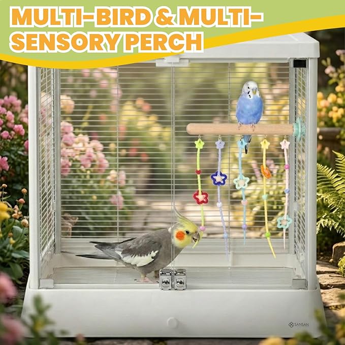 Natural Wood Bird Perch with Chewing Toy - Hanging Rainbow Strips, Beads & Charms for Parakeets Cockatiels Conures Cage Accessories