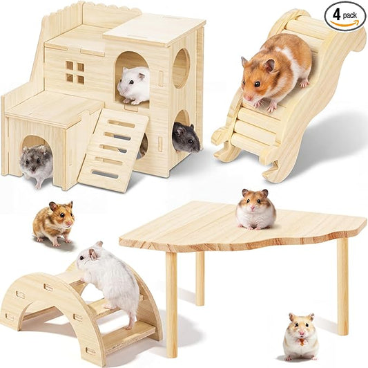 BreezeHug 4 Pcs Hamster Platform Hideout Wooden Tunnel Ladder Playhouse Hamster Game Climbing Toy with Platform Cage Accessories for Pets Dwarf Syrian Mice Degus Gerbils Squirrel(Villa)