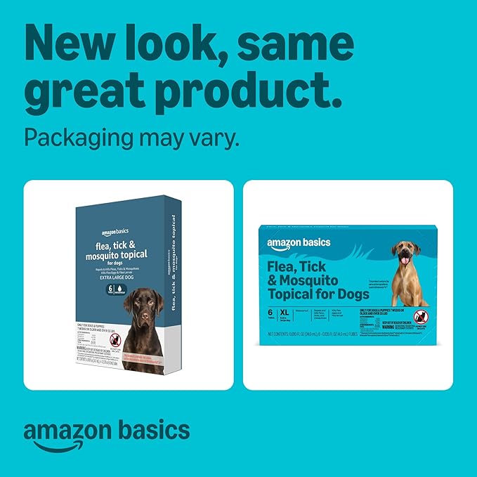 Amazon Basics Preventative Flea, Tick & Mosquito Topical Treatment for X-Large Dogs (Over 55 pounds), Kills Fleas, Long-Lasting, 6 Count, Packaging May Vary