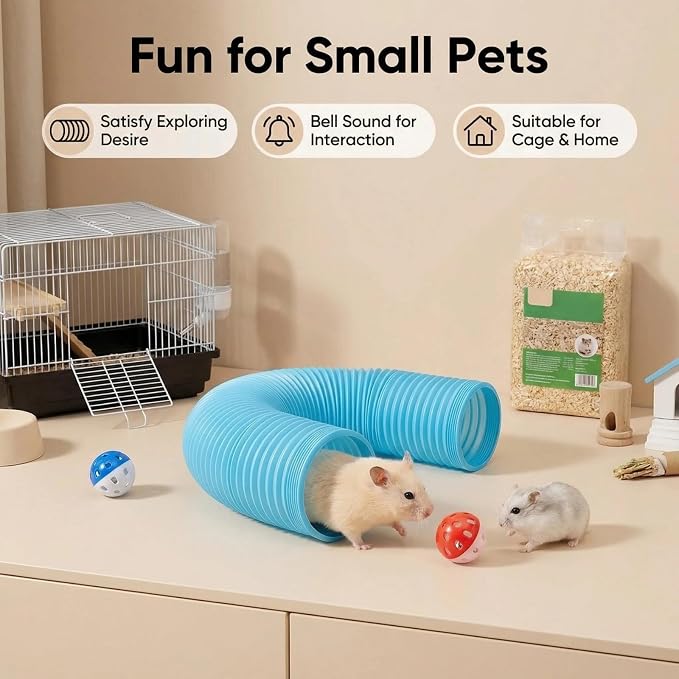 Hamster Collapsible Tunnel Tube Toys with 4 Bell Balls, Expandable Small Animal Hideout Exercise Toy 7.8inch Unextended 32.7inch Extended for Guinea Pig Gerbil Rat Ferret (Blue)