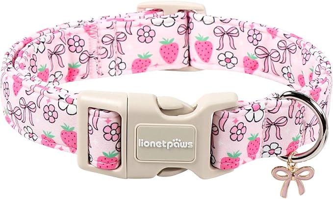 Lionet Paws Spring Dog Collar- Cute Strawberry Pink Dogs Collar with Plastic Buckle and Bowtie Pendant,Dog Collar for Medium Dogs