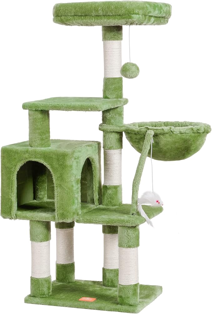 Heybly Cat Tree with Toy, 43.3 inch Cat Tower condo for Indoor Cats, Cat House with Padded Plush Perch, Cozy Hammock and Sisal Scratching Posts, Green HCT004SGR