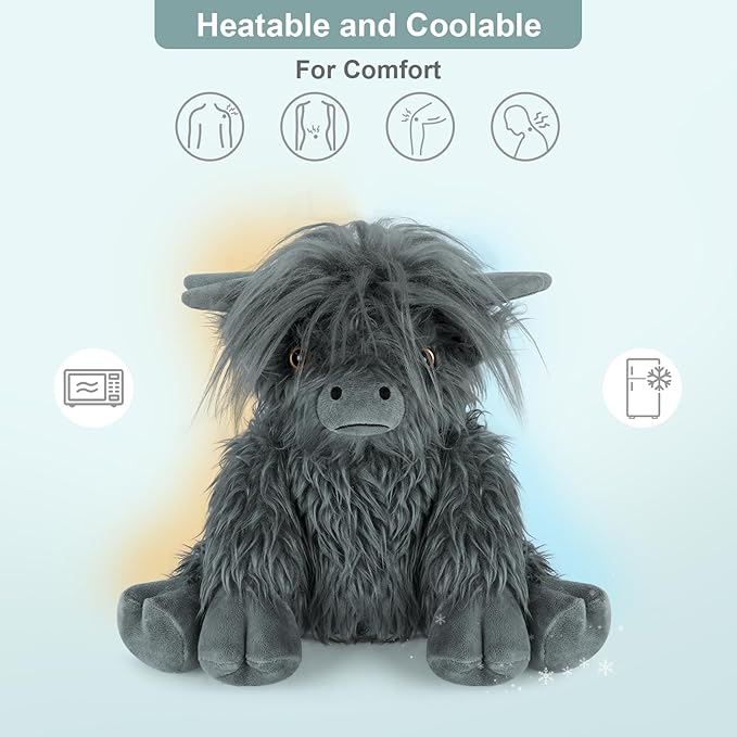 SuzziPals Heatable & Coolable Highland Cow Stuffed Animal, Microwavable Heating Pad for Soothing & Relaxation, Black Cattle Plushies for Stress Relief, Lavender Scented Stuffed Cow Gifts