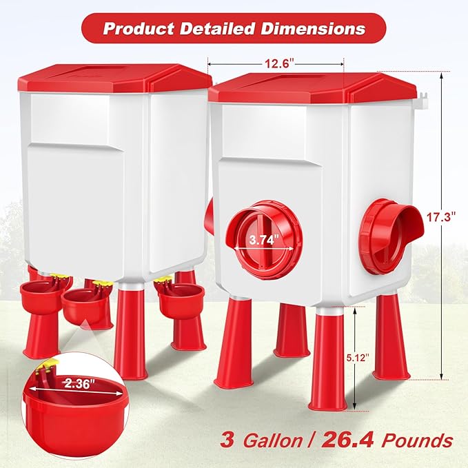 Chicken Feeder and Waterer Set 3 Gallon/26.4 Pounds, Automatic Chick Feeder and Waterer Set No Waste, Poultry Feeder Large for Hens/Ducks/Poultry