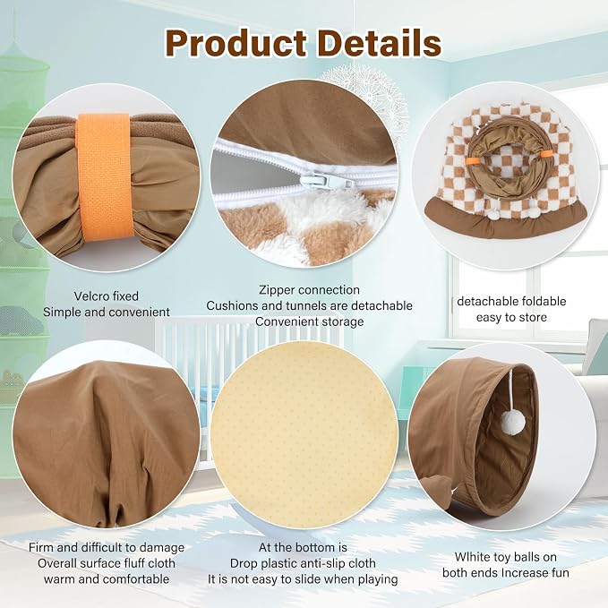 BWOGUE Bunny Tunnel Bed, 2-in-1 Collapsible Tunnel Tubes Toys with Removable Mat Hideout for Cats Kittens Rabbits Guinea Pigs Kitty (Coffee)