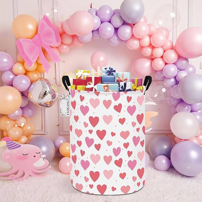 Storage Basket, Nursery Hamper Canvas Laundry Basket Foldable with Waterproof PE Coating Large Storage Baskets for Kids Boys and Girls, Office, Bedroom, Clothes,Toys(Colorful hearts)