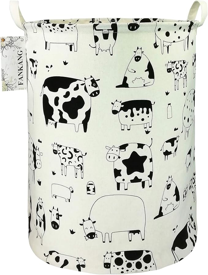 Storage Basket, Nursery Hamper Canvas Laundry Basket Foldable with Waterproof PE Coating Large Storage Baskets for Kids Boys and Girls, Office, Bedroom, Clothes,Toys（Cows）
