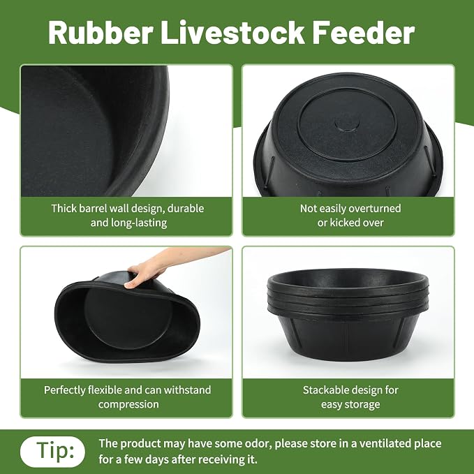 4Pcs Rubber Feed Pan, 8 Quart/ 2 Gallon Horse Feeder Bucket Livestock Feed Pan, Heavy Duty Rubber Dog Bowl Chicken Dust Bath Tub for Dogs Pig Goat Chicken Farm Small Animal,14.56 x 4.53 Inches