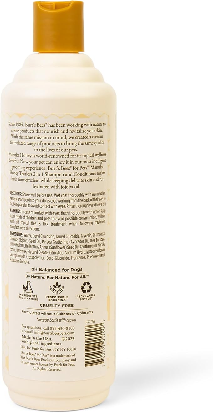 Burt's Bees for Pets Manuka Honey Tearless 2-in-1 Dog Shampoo and Conditioner, with Jojoba Oil, 95% Natural Origin, Free of Sulfates, Milk and Honey Scent, 16 Fl Oz