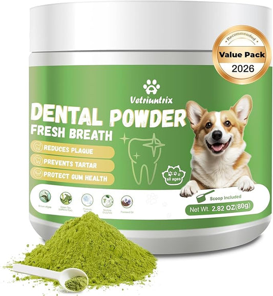 Dog Teeth Cleaning Powder, Dental Powder for Dogs Teeth Tartar Remove & Plaque Off, Fresh Breath for Dogs with Natural Plants Blend and Postbiotics, 80g