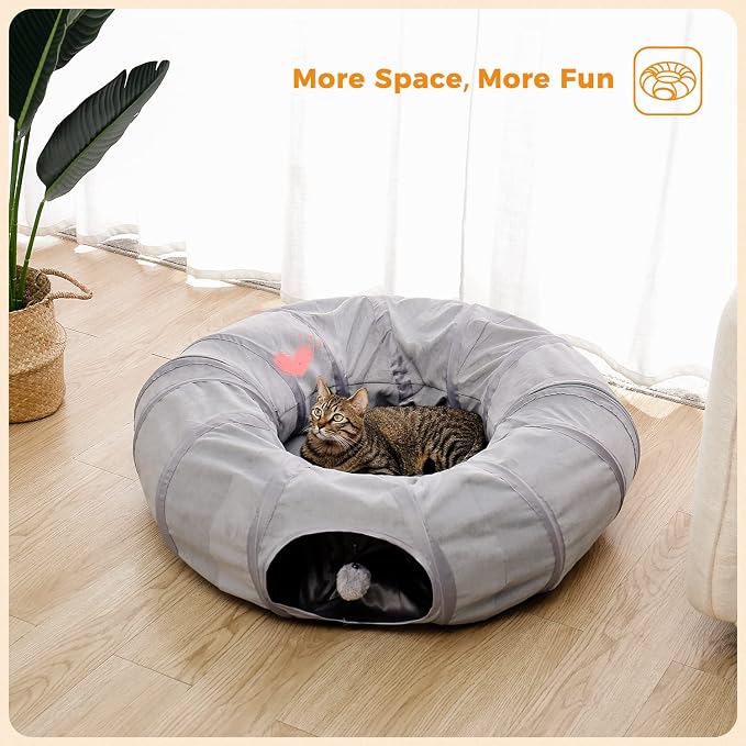 PAWZ Road Donut Cat Tunnel Bed with Center Mat, Peek Hole & Hanging Balls | Large Collapsible Cat Tunnel Donut with Soft Center Mat, Peek Hole, Interactive Hanging Ball, Cat Play Tunnel for Indoor Cats