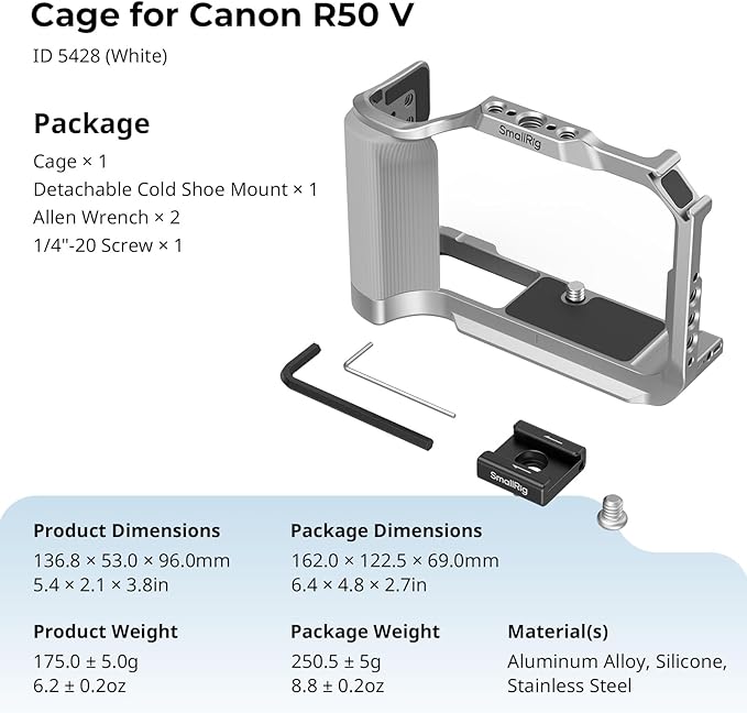 SmallRig R50 V Camera Cage for Canon R50V, Built-in Ergonomic Silicone Grip, QR Plate for Arca, 1/4"-20 Threaded Hole, 3/8"-16 Holes for ARRI, Cold Shoe, QD Sockets, Vertical Shooting(Silver)-5428