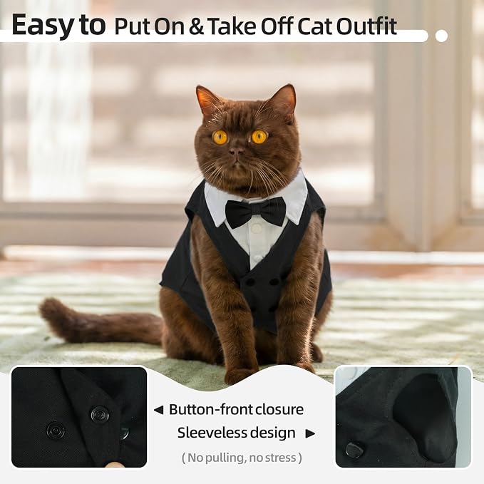 QBLEEV Cat Tuxedo Outfit with Bow Tie, Sphynx Cat Costume Formal Suit Wear | Soft breathable, stylish hairless clothes for cats only, kitten wedding birthday party shirt apparel for male boy