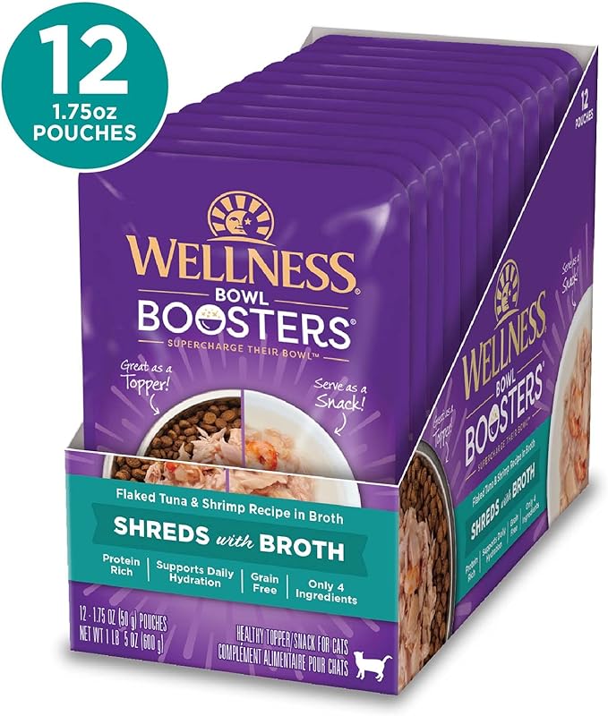 Wellness Bowl Boosters Shreds with Broth Wet Cat Food Topper, Grain Free, Natural, Flaked Tuna and Shrimp Recipe, 1.75 oz, Pack of 12 Pouches
