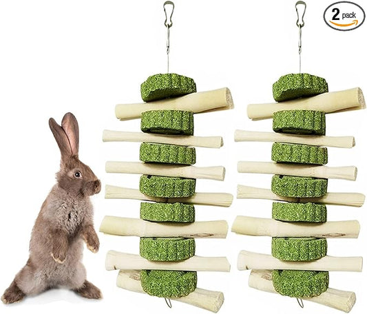 kathson 2 PCS Bunny Chew Toys for Teeth Natural Rabbit Toys Hanging Sweet Bamboo Chews with Grass Cake Guinea Pig Toys Snack Treat for Hamster Chinchilla Rats