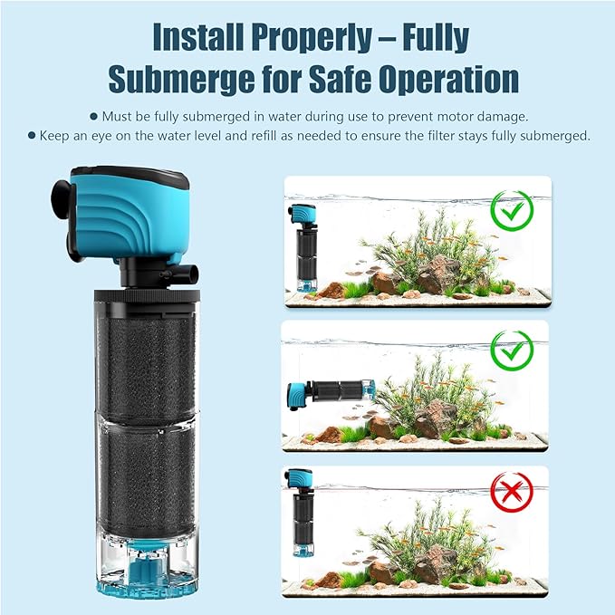 Submersible Aquarium Filter, Upgraded 100-300 Gallon Fish Tank Filter with Fish Guard, Internal Whisper Pump for Turtle Tank, Fresh/Saltwater, Check Valve, Debris Tray,15-Inch
