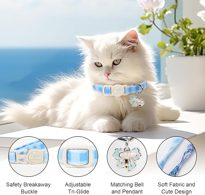 2 Pack Cute Cat Collars - Blue Plaid & Floral Breakaway Cat Collars, Adjustable Boy Girl Kitten Safety Collar for Small Dogs Puppy, Everyday Pet Collar with Bell & Pendant