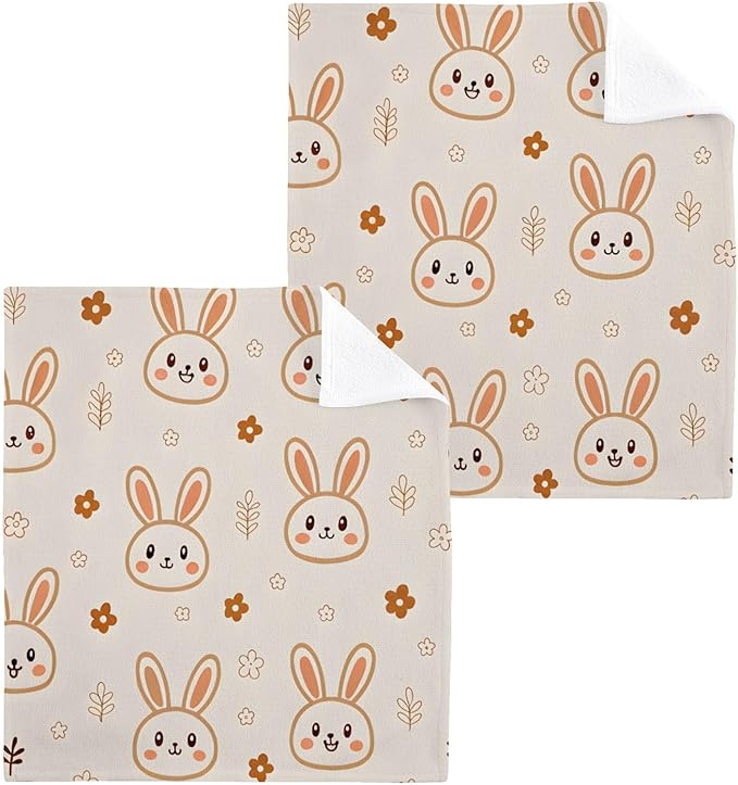 Cute Rabbits Washcloths, Highly Absorbent and Soft Cotton Face Cloths, 2 Pack Quick Dry Wash Cloths - 12 X 12 Inches