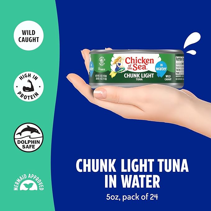 Chicken of the Sea Wild Caught Chunk Light Tuna, 5 Ounce Cans, 24-Count – High Protein 100% Classic Chunk Tuna in Water – Delicious, Easy, Nutritious Ready to Eat Meals