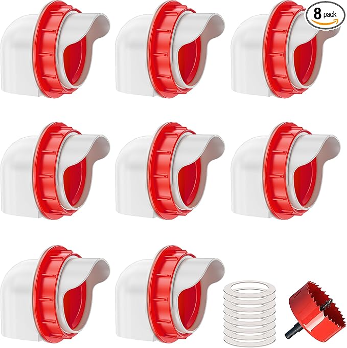 ZenxyHoC Chicken Feeders No Waste, DIY Automatic Poultry Feeder 8 Ports 1 Hole Saw with Covers Gravity Feed Kit for Buckets Barrels Bins Troughs (Red)
